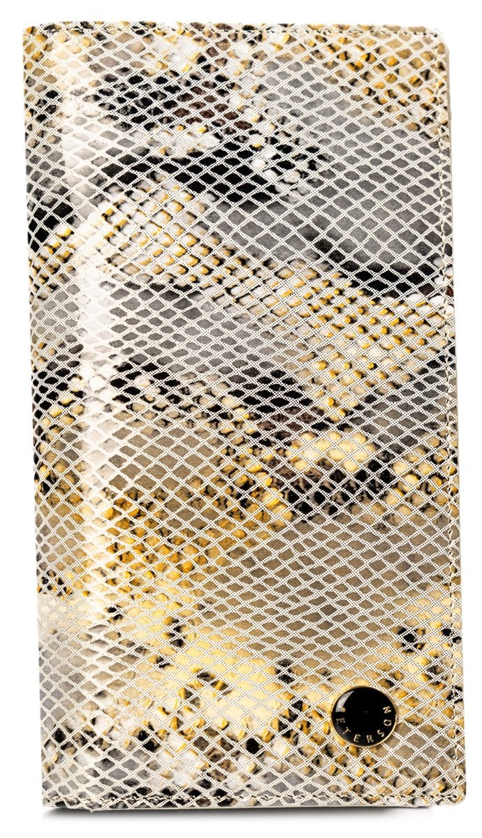 Duży pionowy portfel damski na magnes i suwak PETERSON beżowy z modnym wzorem rozbudowany na karty funkcjonalny na prezent ochrona RFID STOP