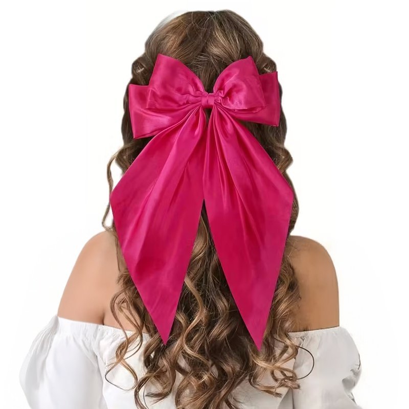 Spinka Kokarda do Włosów Duża Długa Satynowa Atłasowa Różowa