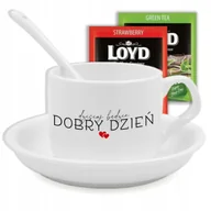 Filiżanki - FILIŻANKA PODSTAWKA ŁYŻECZKA PREZENT DZISIAJ BĘDZIE DOBRY DZIEŃ HERBATA WZ - miniaturka - grafika 1