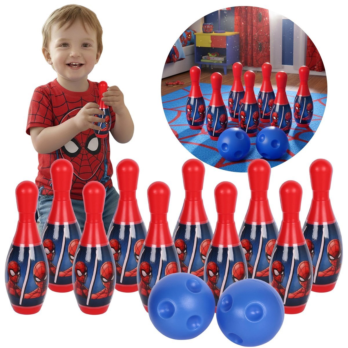 MARVEL Spider-Man MINI ZESTAW do gry w kręgle, KRĘGLE dla dzieci, gra zręcznościowa, 10 KRĘGLI + 2 KULE, 3+