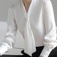 Koszule damskie - TEMU Chic BK052822 Elegancka Bluzka z Chiffonu z Dekoracją Koralików i Wiązaniem w Szyi - Długi Rękaw, Półprzeźroczysta, Pranie Maszynowe - Stylowa - miniaturka - grafika 1