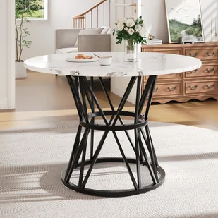 Okrągły stół jadalny dla 4-6 osób - D 100 x W 76 cm - Blat z płyty MDF marmurkowy i nogi metalowe - Biały - Stoły Okrągły stół jadalny dla 4-6 osób - D 100 x W 76 cm - Blat z płyty MDF marmurkowy i nogi metalowe - Biały - Stoły - miniaturka - grafika 1