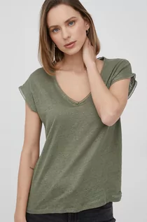 Koszulki i topy damskie - Pepe Jeans t-shirt lniany CLEMENTINE kolor zielony - grafika 1
