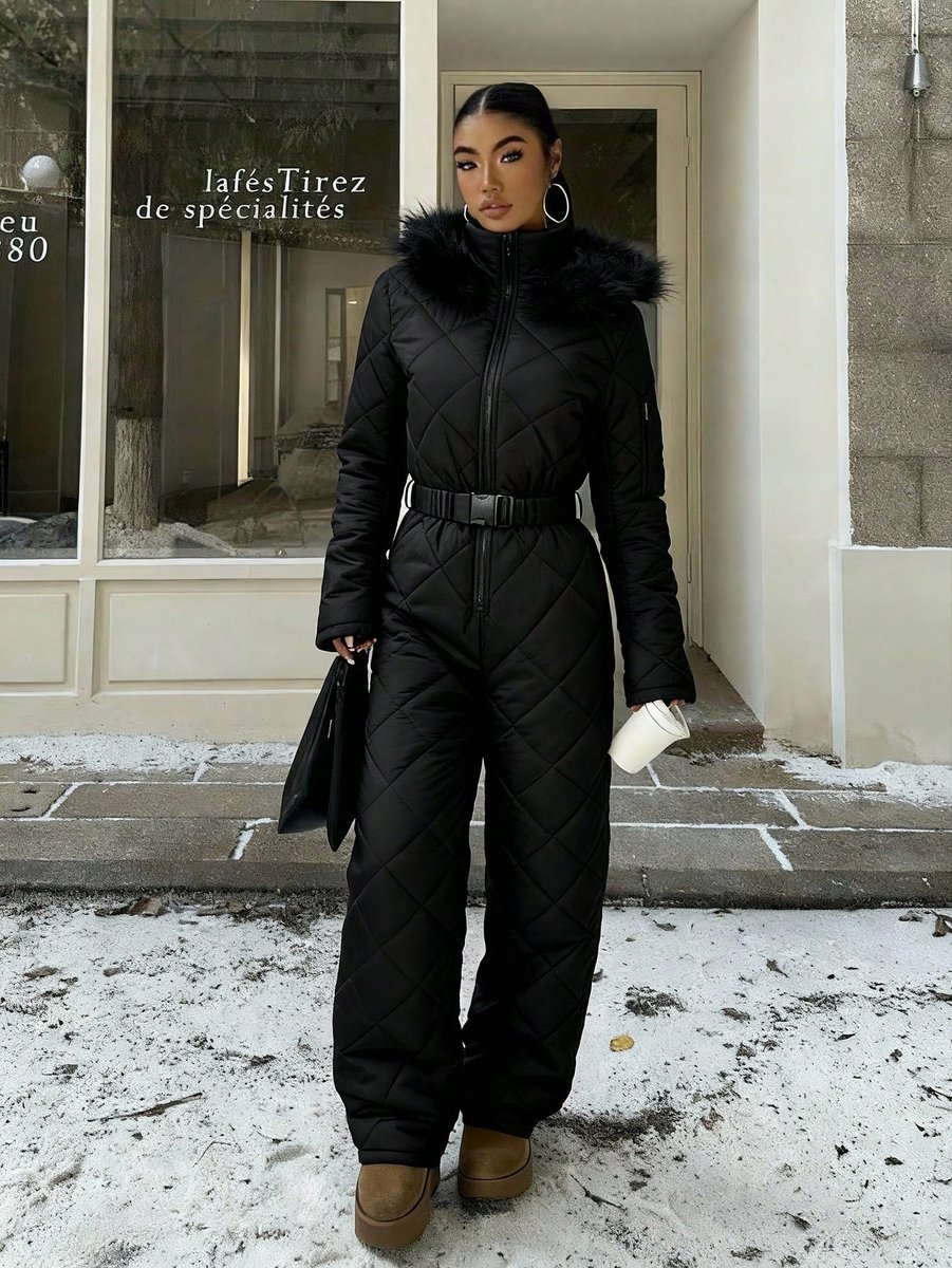 SHEIN CZARNY ZIMOWY KOMBINEZON DAMSKI PIKOWANY Z FUTERKIEM XS 1MA