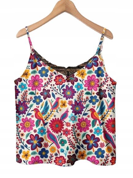 SHEIN TOP NA RAMIĄCZKACH WZÓR KWIATY Z CZARNĄ KORONKĄ 48 1HA