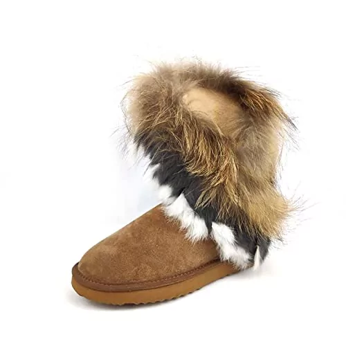 OOG Indiańskie skórzane buty, buty zimowe na zimną pogodę dla kobiet, futro  futrzane długie kozaki z prawdziwej skóry, wodoodporne buty śnieżne,  całodzienny komfort, ciepłe, 8020 Camel, 38 EU - Ceny i opinie