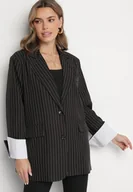Marynarki i żakiety damskie - Czarna Jednorzędowa Marynarka Pudełkowa w Prążki Fonevia - miniaturka - grafika 1