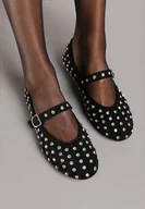 Baleriny - Czarne Płaskie Balerinki z Cyrkoniami i Ozdobnym Paskiem Ozina - miniaturka - grafika 1