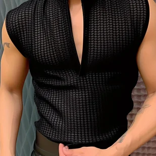 Męski przewiewny tank top z siateczki, szybkoschnąca, rozciągliwa koszulka bez rękawów z dekoltem w serek, męska odzież na - Inne - miniaturka - grafika 1