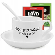 Filiżanki - FILIŻANKA Z PODSTAWKĄ I ŁYŻECZKĄ PREZENT ROZGRZEWASZ MOJE SERCE HERBATA WZ - miniaturka - grafika 1