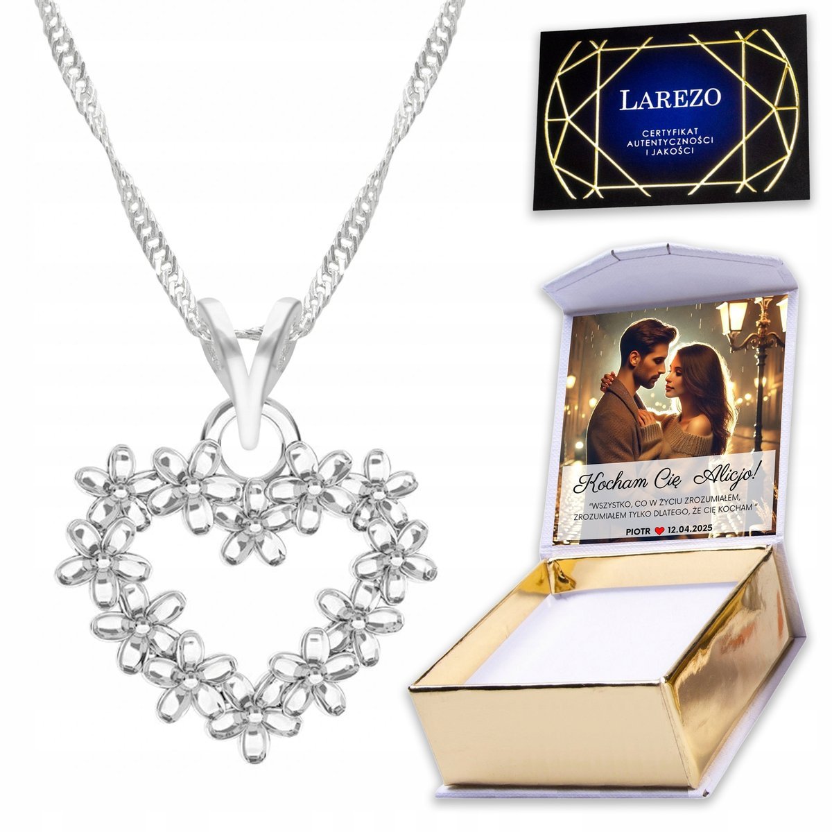 Naszyjnik Srebrny 925 Serce w Kwiaty Serduszko Róża Kwiat Kwiatek + NADRUK