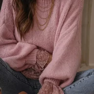 Swetry damskie - TEMU Bluzka damska z miękkim różowym koronkowym mankietem - Elegancka tunika sweterowa z falbanką, wysokoelastyczna bluzka na jesień/wiosnę, - miniaturka - grafika 1