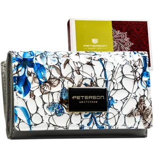 Szaro niebieski średniej wielkości portfel damski z modnym motywem PETERSON portmonetka na zatrzask i suwak skóra lakierowana naturalna rozbudowany .. - Portfele - miniaturka - grafika 1