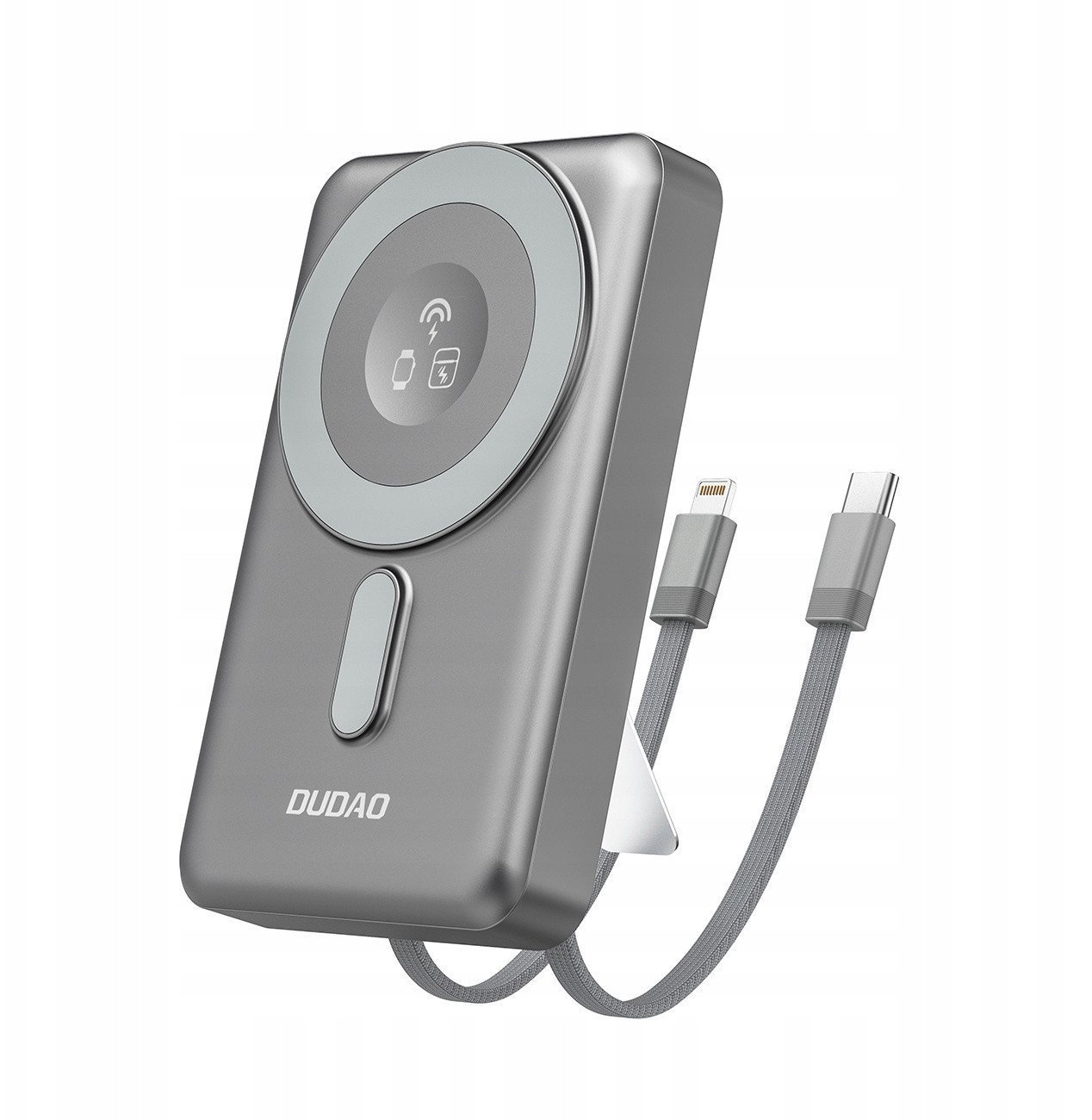 Dudao K29 10000mAh PD 20W z MagSafe z metalową obudową, podstawką i wbudowanymi kablami USB-C/Lightning - szary