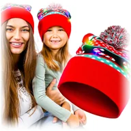 Czapki damskie - Czapka świąteczna świecąca LED z pomponem zimowa - czerwona - miniaturka - grafika 1