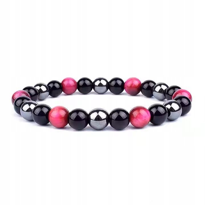 BRANSOLETKA DAMSKA KAMIENIE NATURALNE OBYSDIAN HEMATYT RÓŻOWE TYGRYSIE OKO