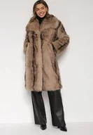Płaszcze damskie - Brązowy Płaszcz Futro z Szerokim Kołnierzem i Kieszeniami Ezinda - miniaturka - grafika 1