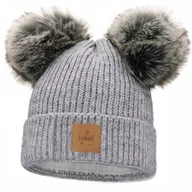 Czapki damskie - Zimowa CZAPKA damska z dwoma pomponami na polarze Gruba Ciepla Polska Szara - miniaturka - grafika 1