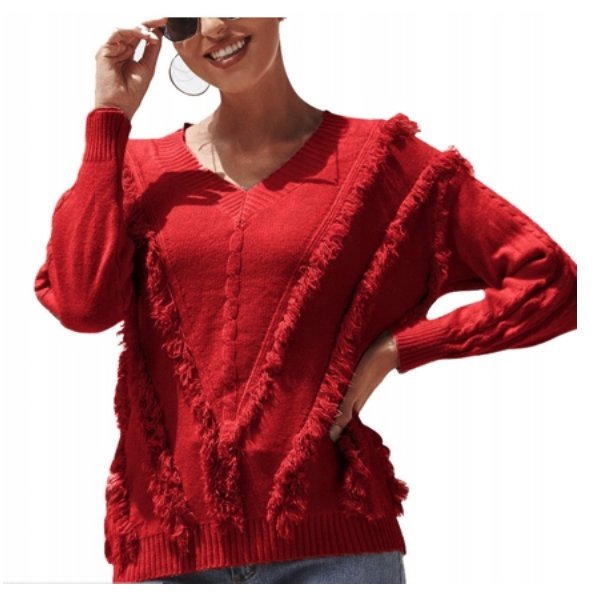 Włochaty Sweter z Dekoltem w Serek Czerwony