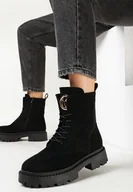 Botki damskie - Czarne Botki z Ekozamszu z Przeszyciami i Okrągłym Monogramem Drystana - miniaturka - grafika 1