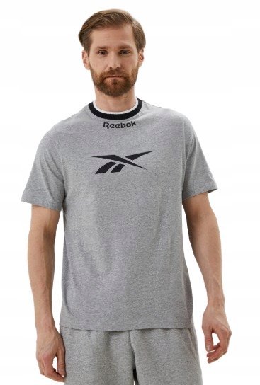 REEBOK SZARY TSHIRT Z CZARNYM LOGO I PASKOWANYM DEKOLTEM S X_A