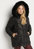 Kurtki damskie - Czarna Pikowana Kurtka z Kapturem z Futerkiem Tevea - miniaturka - grafika 1