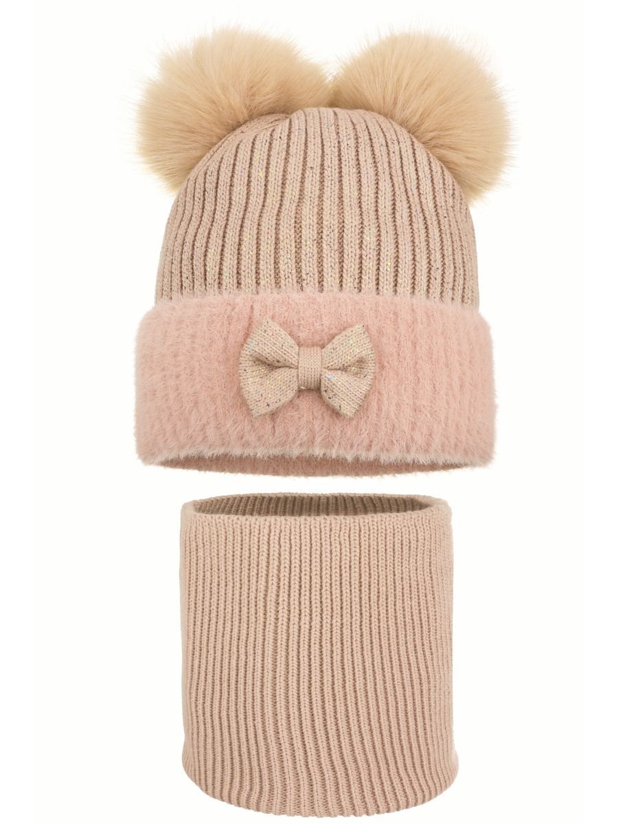 Dziewczęcy komplet zimowy czapka z pomponami i komin beżowy Ambra r.46/50
