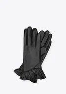 Rękawiczki - Damskie rękawiczki skórzane z dekoracyjną falbaną czarne - miniaturka - grafika 1