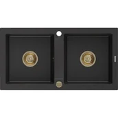 Zlewozmywaki - Mexen Mario zlewozmywak granitowy 2-komorowy 820 x 436 mm, czarny/srebrny metalik, syfon złoty - miniaturka - grafika 1
