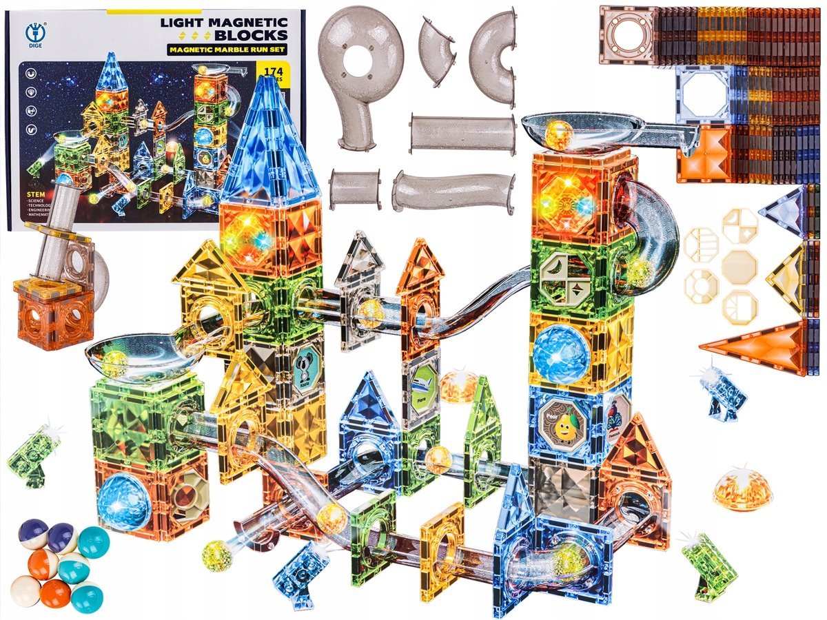 Klocki Magnetyczne Konstrukcyjne Tor Kulkowy Świecące Elementy 174 El.