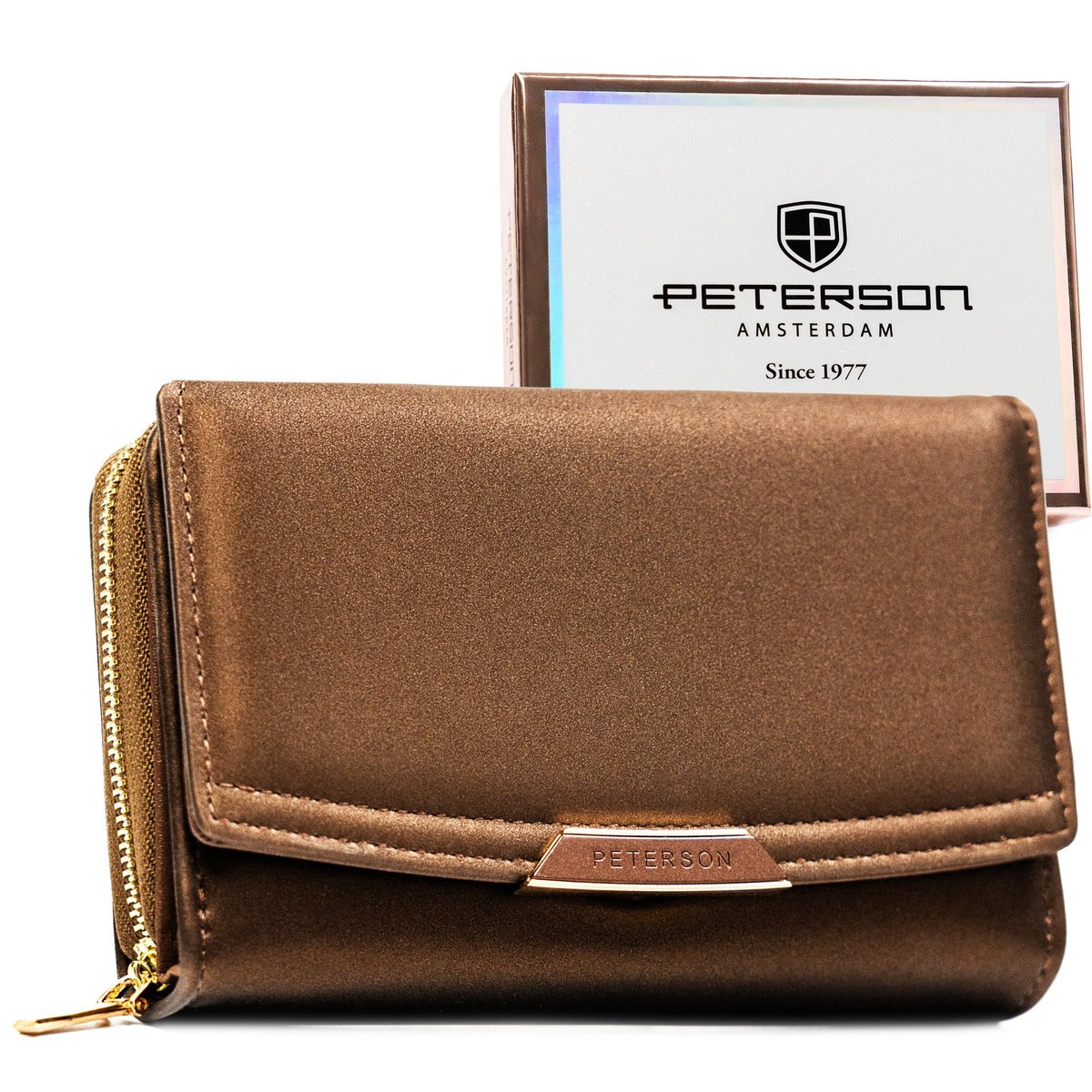 Portfel damski brązowy PETERSON mały na zatrzask i suwak modny elegancki na prezent RFID STOP