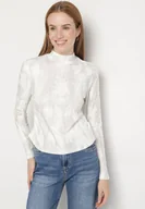 Bluzki damskie - Biała Bluzka z Długim Rękawem i Stójką Marszczona w Talii Ralendia - miniaturka - grafika 1