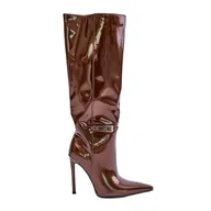 Kozaki damskie - Kozaki Lakierowane Ocieplane Na Szpilce Z Klamrą Brązowe Tameliae - Inna marka - miniaturka - grafika 1