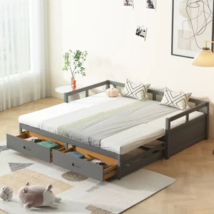 Łóżko dzienne Flieks 90/180x200 cm, rozkładana sofa z wysuwanym spodem, łóżko dziecięce łóżko młodzieżowe łóżko dzienne łóżko drewniane łóżko gościnne z listwowym stelażem i szufladami, szare - Łóżka dla dzieci i młodzieży - miniaturka - grafika 1