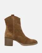 Botki damskie - Zamszowe brązowe botki damskie na obcasie z perofracją - Venezia - miniaturka - grafika 1