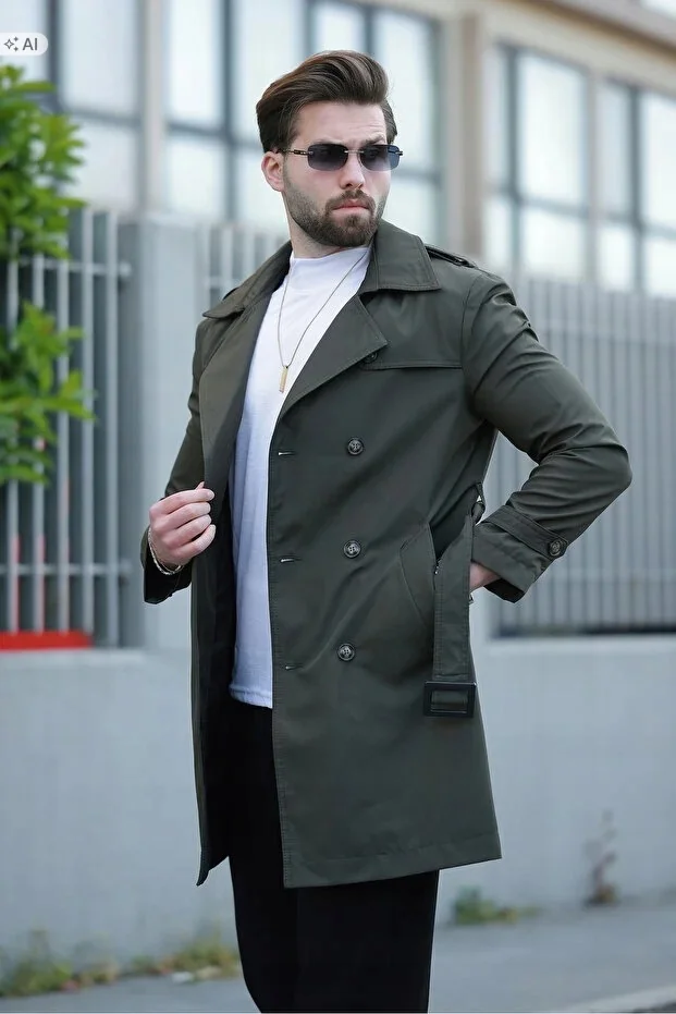 MĘSKI PŁASZCZ DWURZĘDOWY GŁADKI W STYLU MINIMALISTYCZNYM M 5IA