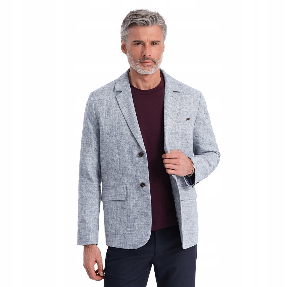 Marynarka męska o kroju REGULAR z lnem jasnoniebieska V3 OM-BLZB-0128 XL