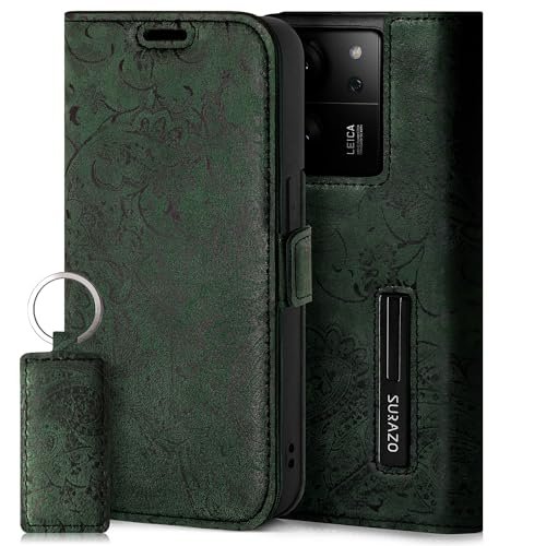 SURAZO Premium Slim magnetyczne etui na telefon komórkowy do Xiaomi 13T Pro & 13T 5G, skórzane etui ochronne z klapką z prawdziwej skóry [przegródka na karty, ochrona RFID, kwiatowy wzór] etui z