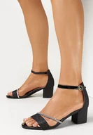 Sandały damskie - Czarne Sandały na Słupku z Brokatem i Paskiem z Cyrkonii Fih - miniaturka - grafika 1