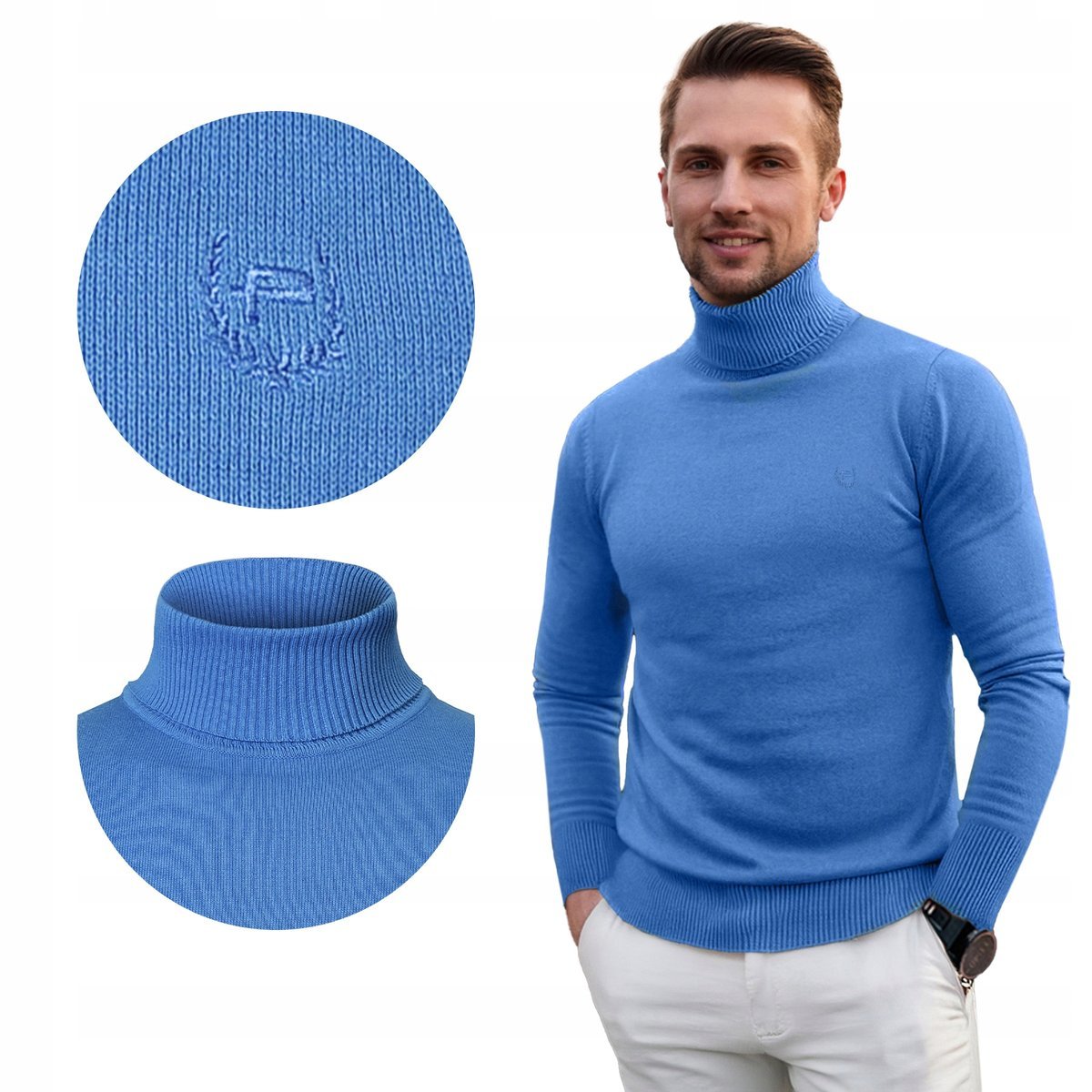 Klasyczny GOLF Sweter Męski Elegancki Bawełniany NIEBIESKI 3XL Pako Jeans