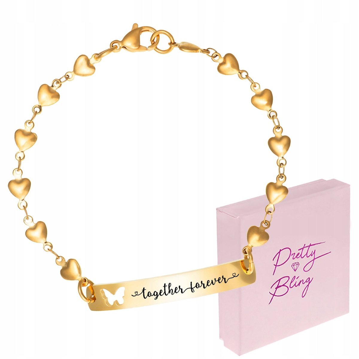 Bransoletka damska z GRAWEREM POZŁACANA motylek SERDUSZKA STAL 316L