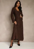 Sukienki - Brązowa Rozkloszowana Sukienka Longsleeve w Zebrę Zdobiona Brokatem Mevilisa - miniaturka - grafika 1