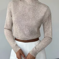 Swetry damskie - TEMU Elegancki Beżowy Sweter z Wysokim Kołnierzem dla Kobiet - Miękki Pulower z Długim Rękawem, H-Line Sylwetka, Ciepła Bluzka na Zimę do Biura, - miniaturka - grafika 1