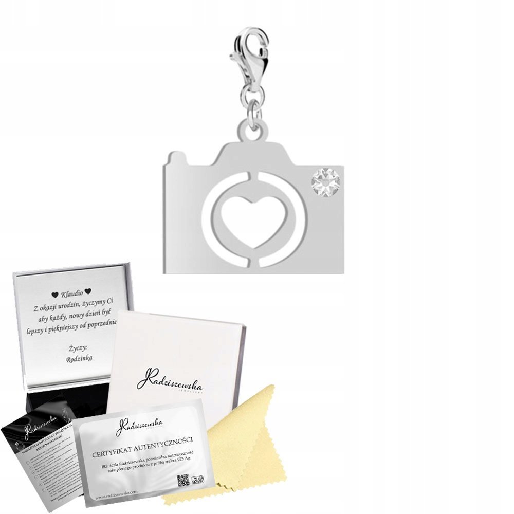 Charms Srebrny Aparat Fotograficzny Prezent Biżuteria 925 DEDYKACJA GRATIS
