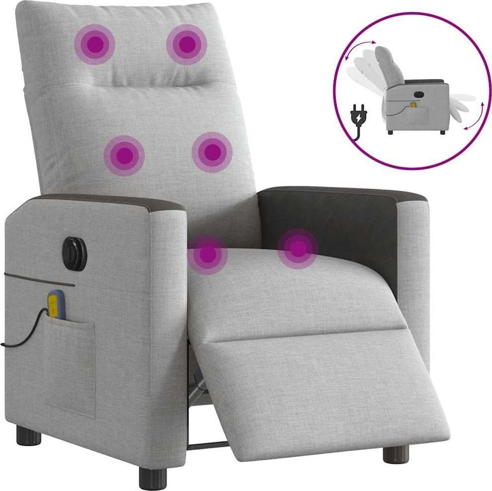 Rozkładany fotel masujący, elektryczny, szara, tkanina