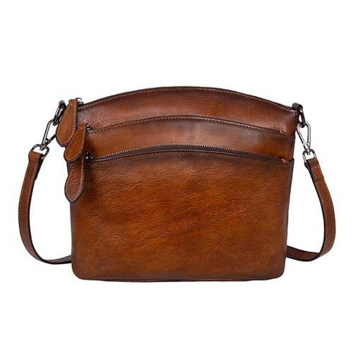 HESHE Torby crossbody dla kobiet torebki z prawdziwej skóry z wieloma kieszeniami vintage damska mała torba na ramię, Brązowy, Small