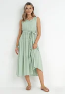 Sukienki - Miętowa Wiskozowa Sukienka Midi z Gumką w Pasie i Materiałowym Paskiem Bicuh - Born2be - miniaturka - grafika 1