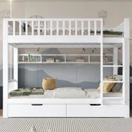 Łóżka dla dzieci i młodzieży - Rozdzielane łóżko piętrowe 2 x 90 x 200 cm z 2 szufladami i półkami - Sosna i MDF - Białe (bez materaca) - miniaturka - grafika 1
