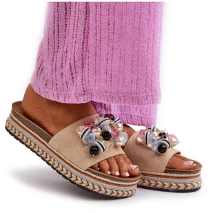 Klapki Damskie Na Platformie Z Ozdobami S.Barski HY077 Beżowe beżowy - Klapki i japonki damskie - miniaturka - grafika 1