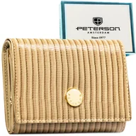 Portfele - Portfel damski lakierowany PETERSON rfid stop skóra naturalna i ekologiczna mały na zatrzask elegancki beżowy pudełko producenta na prezent - miniaturka - grafika 1